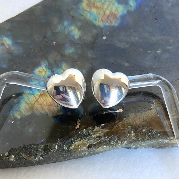 Sterling Silver 925 Italy 0.5" Hollow Puffy Heart Stud Earrings - Picture 4 of 16